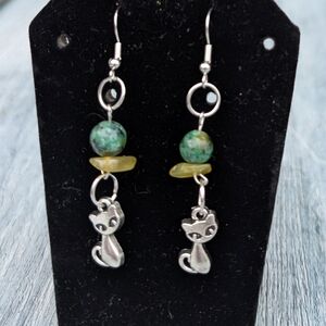 Cat earrings semi precious stones green adventurine yellow citrine